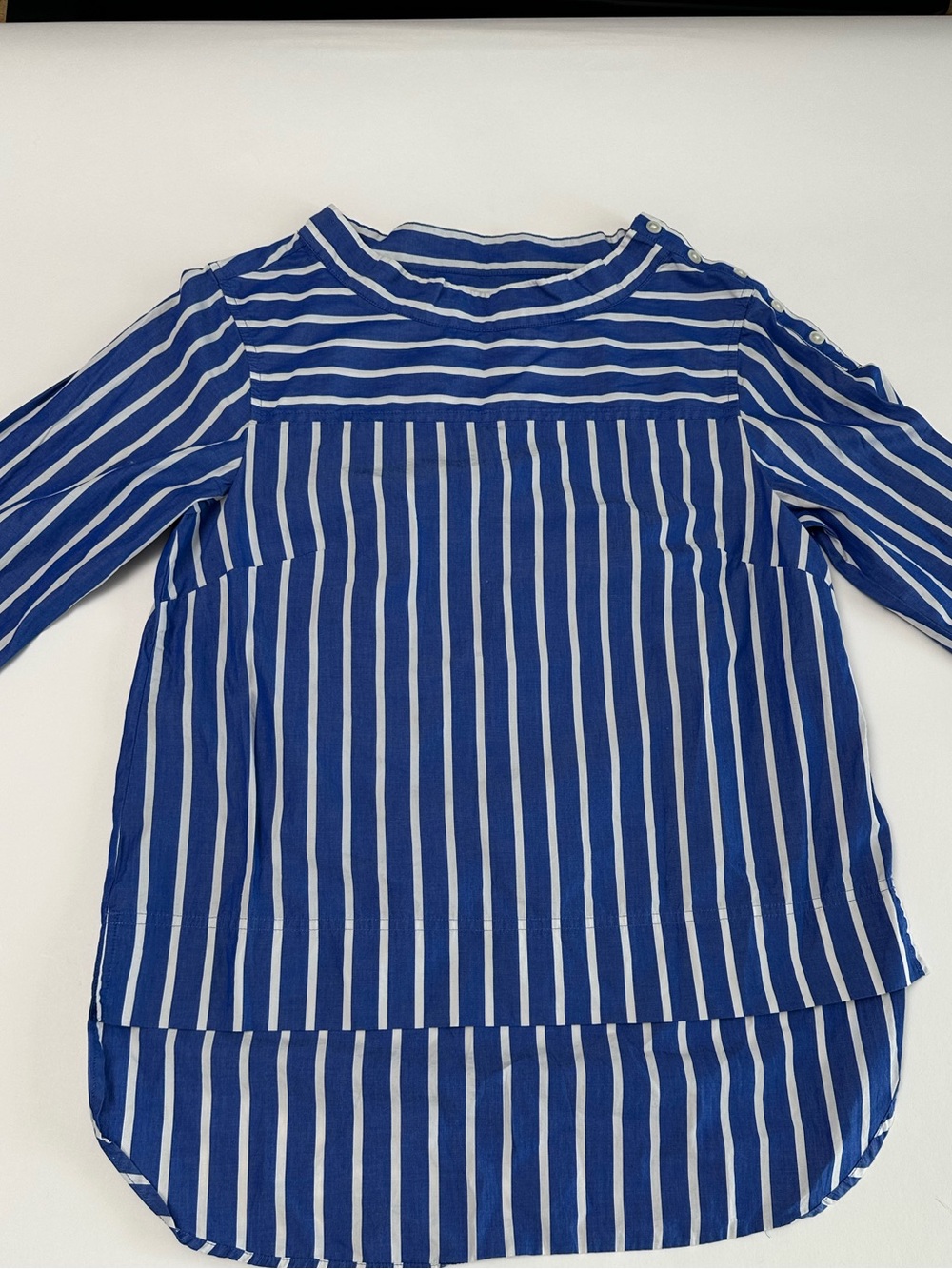 Coastal Prep Blue Striped Funnel Neck Tunic Top Nautical Old Money Button - Picture 3 of 10